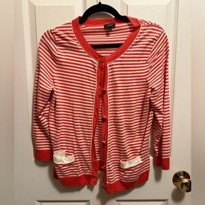 Talbots Red and White Striped Cotton Cardigan with Contrast Trim